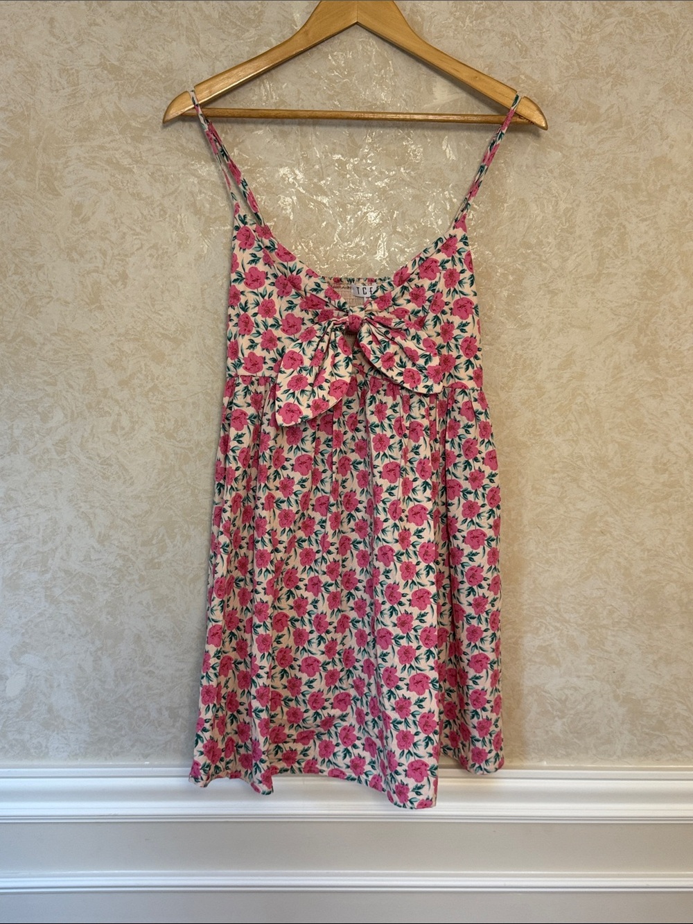 TCEC Pink Floral Spaghetti-Strap Dress with Front Bow